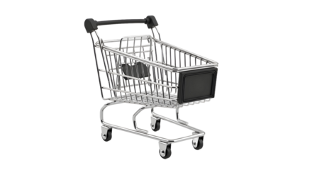 A realistic miniature shopping cart presented as a plain object, perfectly isolated on a clean white background, symbolizing commerce and retail