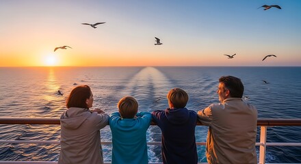 Fototapeta premium An unforgettable family cruise adventure at sea, witnessing a spectacular sunrise over the open ocean with seabirds soaring gracefully overhead