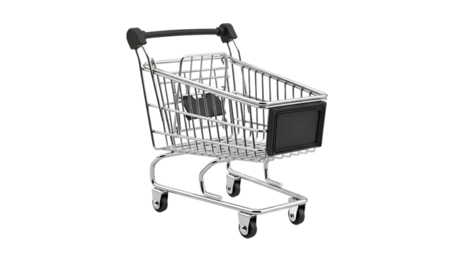 A realistic miniature shopping cart presented as a plain object, perfectly isolated on a clean white background, symbolizing commerce and retail