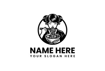 Elegant Asian Woman Enjoying Noodles in a Bowl Logo Design.