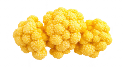 A cluster of yellow cauliflower. its unique. textured surface. placed against a clean white background. ideal for culinary or health-related content