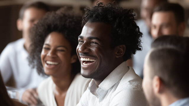 Diverse group of people laughing together at a business event, showing teamwork, positivity, and connection. - Powered by Adobe