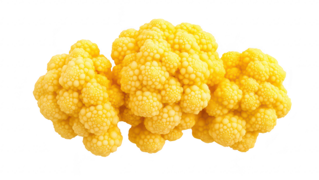 A cluster of yellow cauliflower. its unique. textured surface. placed against a clean white background. ideal for culinary or health-related content