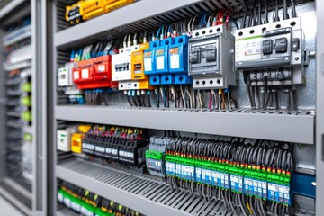 Electrical cabinet showing colorful wires and circuit breakers managing power supply