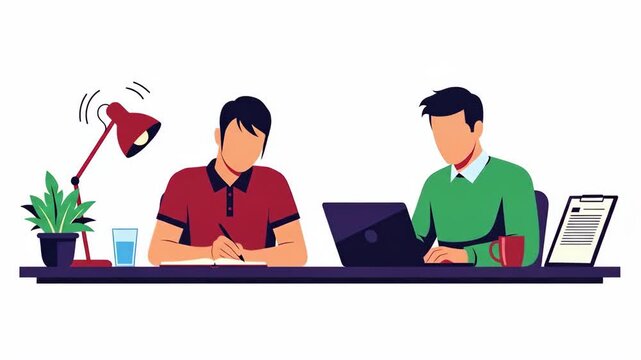 Flat vector of two colleagues working together at a desk, one writing, isolated on white background business