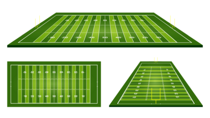A vibrant illustration showcasing three distinct perspectives of an American football field, perfect for sports-related designs and digital projects.