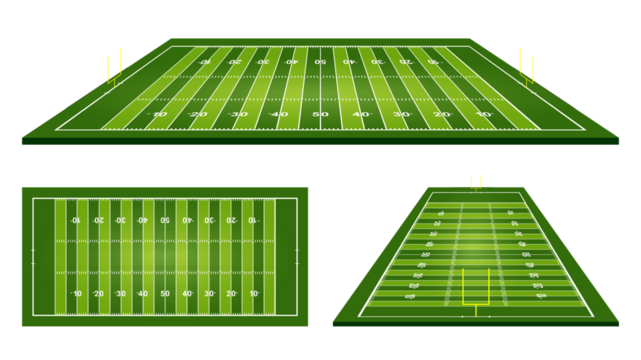A vibrant illustration showcasing three distinct perspectives of an American football field, perfect for sports-related designs and digital projects.