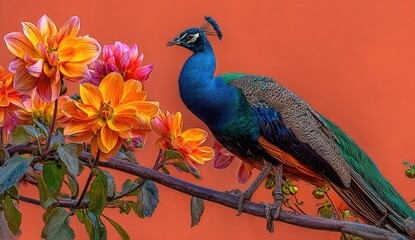 Fototapeta premium A peacock perched gracefully amidst vibrant dahlias against a backdrop of coral-orange.