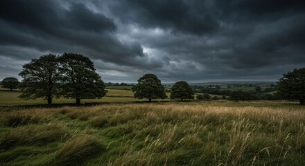 Fototapeta premium A field under a stormy sky
