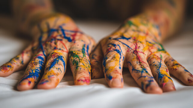 Close-up of hands covered in colorful paint splatters, symbolizing creativity and artistic expression.