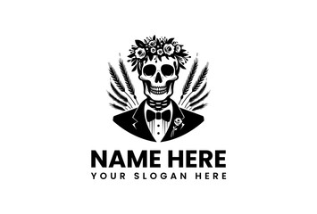 Elegant Skull in Tuxedo with Floral Crown Wheat and Bow Tie Logo.