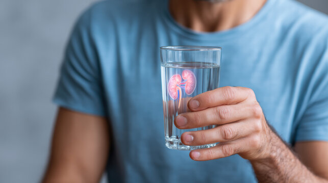 Concerned man holding glass of water showing kidney to illustrate hydration role in preventing kidney stone disease and promoting overall health and wellness - Powered by Adobe