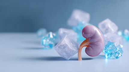 Human kidney concept showing urinary stone disease with ice crystals. medical illustration of anatomy for healthcare concerning chronic renal illness and urology