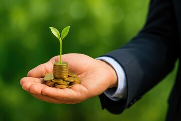 Businessman holding a stack of coins with a growing plant symbolizes financial investment, sustainable growth, and eco-friendly business strategies. Perfect for finance, ESG, and green economy themes