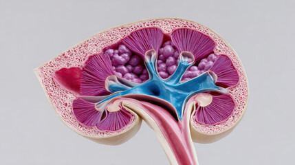 Fototapeta premium Medical anatomy model of human kidney cross section showing internal structures. Urology studies such as prostate cancer research utilize such biological models for education