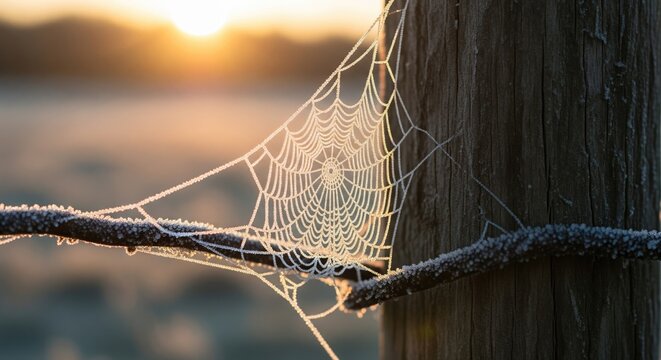 Frost-covered spider web glistening in the morning sunlight on a wooden post, symbolizing fragility, nature, stillness, and the seasonal transition from autumn to winter