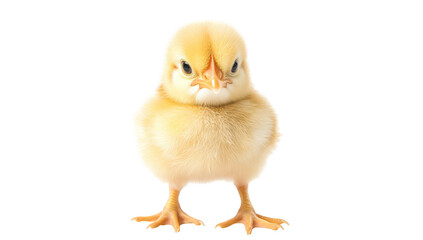 Obraz premium A fluffy yellow chick stands upright against a plain white background. its round body and curious expression. embodying the essence of new life and innocence in nature