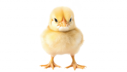 A fluffy yellow chick stands upright against a plain white background. its round body and curious expression. embodying the essence of new life and innocence in nature