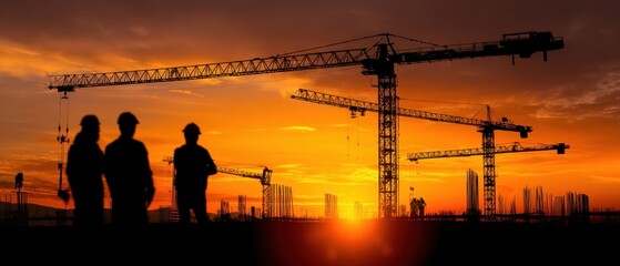 The Construction Site Silhouettes at Sunset with Tower Cranes and Working Crew