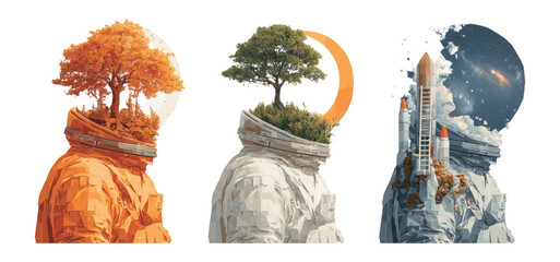Surreal Astronauts with Nature Elements in a Dreamlike Artistic Style