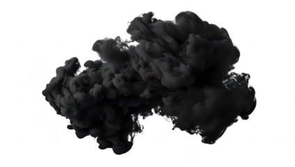 A dramatic black smoke cloud billowing against a clean white background. creating a striking contrast that evokes a sense of mystery and intrigue. suitable for artistic or design purposes