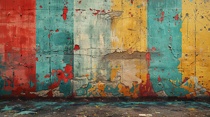 Colorful, weathered, aged, cracked concrete wall with peeling paint.
