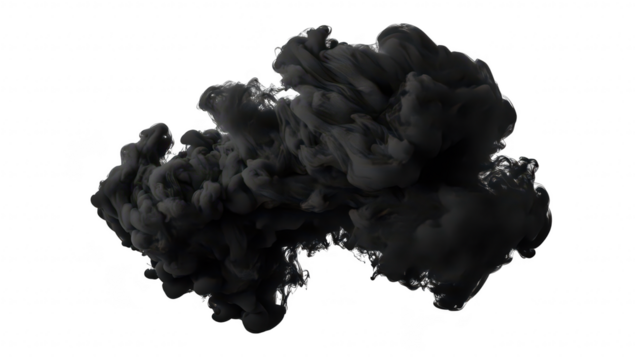 A dramatic black smoke cloud billowing against a clean white background. creating a striking contrast that evokes a sense of mystery and intrigue. suitable for artistic or design purposes