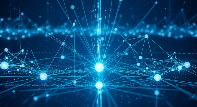 Blue technology network connection background with digital data and node structure design