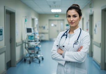 Confident female doctor wearing a white lab coat and stethoscope stands in a brightly lit hospital hallway with medical equipment in the background