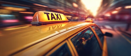 The taxi speeding through a neon-lit city street at night in motion blur