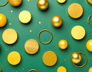 Abstract gold and yellow circles and spheres on a teal background