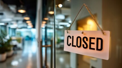 Minimalist closed sign with bold letters hanging in glass office door under daylight