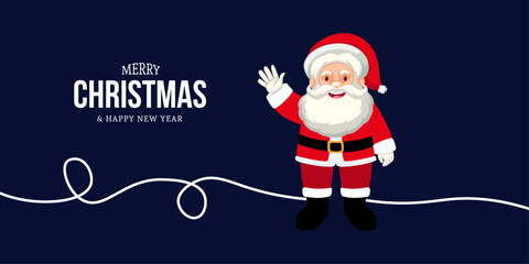 A playful Santa Claus stands against a dark navy backdrop, waving warmly. This festive image conveys Christmas joy, family warmth, and holiday cheer, suitable for seasonal campaigns and greeting cards