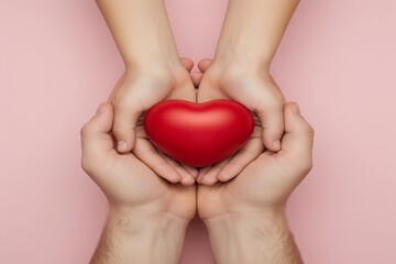 Obraz premium Red heart, hands holding heart, love, care, support, pink background