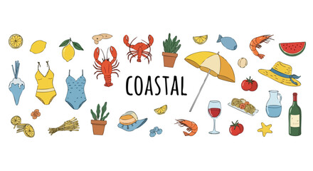 Naklejka premium Vibrant coastal collection bursting with summer fun, seafood, refreshing drinks, and beach essentials for your next project.