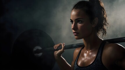 Obraz premium A determined woman lifting a barbell in a smoky gym