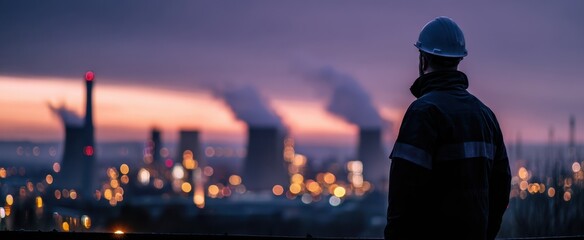 The Worker Overlooking an Industrial Refinery at Sunset with Smoke and City Lights