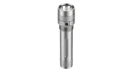 A modern metallic LED flashlight, a plain and simple portable torch isolated on a clean white background with no shadow