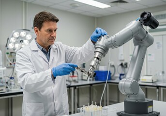 Scientist in a lab coat adjusts a robotic arm for precision tasks in a modern research facility