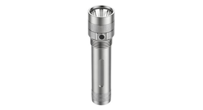 A modern metallic LED flashlight, a plain and simple portable torch isolated on a clean white background with no shadow