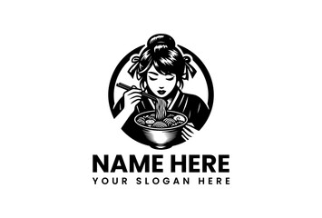 Elegant woman with hair bows enjoys a bowl of steaming noodles using chopsticks.