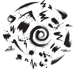 Abstract paintbrush stroke vector set featuring bold hand-drawn brush marks, rough ink textures, swirls, splatters, and expressive strokes. Black solid shapes without gradients, perfect for tracing, 