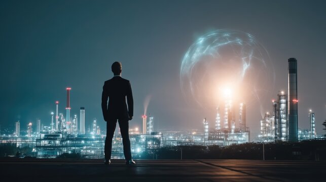 Executive Overlooking Futuristic Refinery &mdash; energy innovation, corporate vision