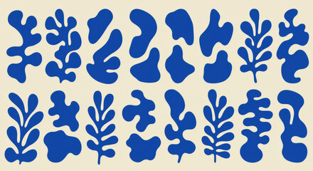 Abstract Blue Botanical Shapes on Beige Background A Modern and Graphic Composition of Plant Forms for Artistic Wall Decor and Creative Design Projects
