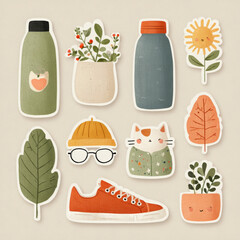 Cheerful clipart collage featuring everyday items, smiling sun and happy cat