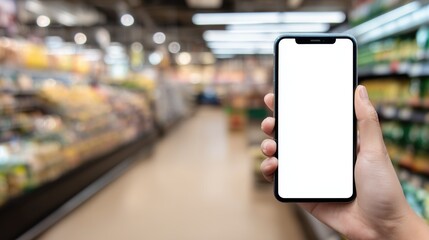 Smartphone with blank screen held in hand at supermarket aisle, shopping app mockup or digital retail concept