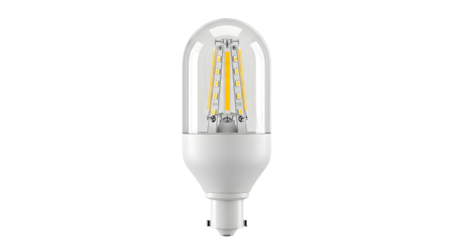 Modern LED filament light bulb featuring a transparent casing and bayonet mount, presented as a plain object isolated on a clean white background