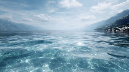 Crystal clear lake surface with distant misty mountains under a bright cloudy sky reflecting natural sunlight