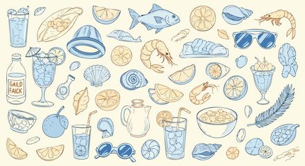 Vibrant summer beach picnic collection featuring fresh seafood cocktails citrus fruits and beach essentials for a delightful coastal escape