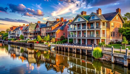 Picturesque canal town at sunset